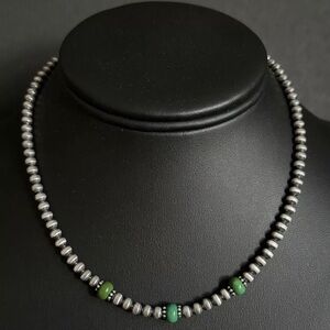 Sterling Silver 4mm Pearls with Green Turquoise Bead Necklace Choker. 14 inch